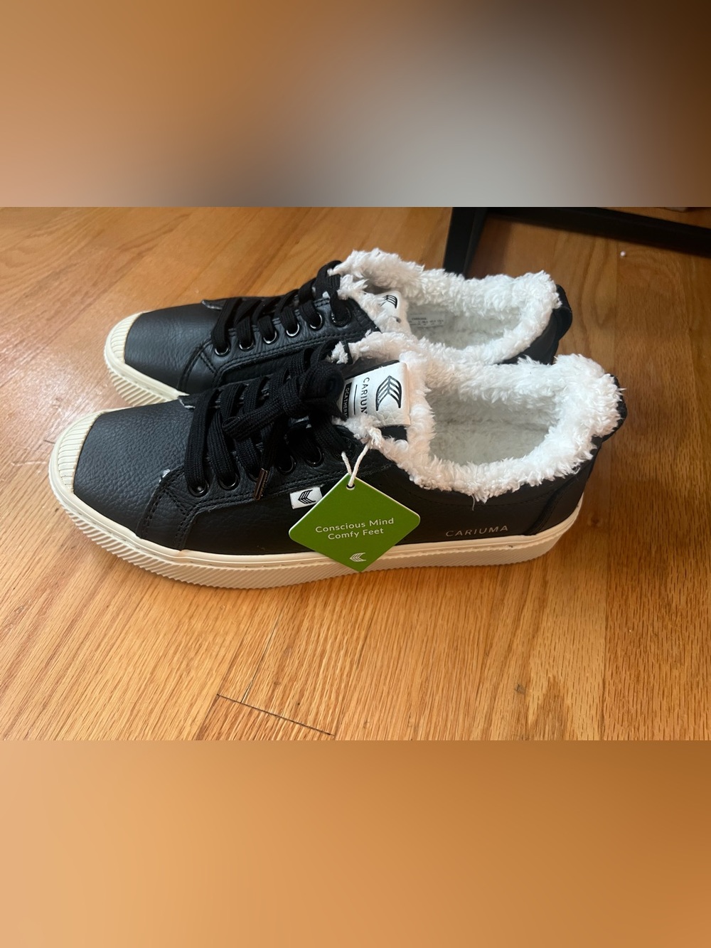 Cariuma Black Low-Top Sneakers with White Faux-Fur Sherpa Lining